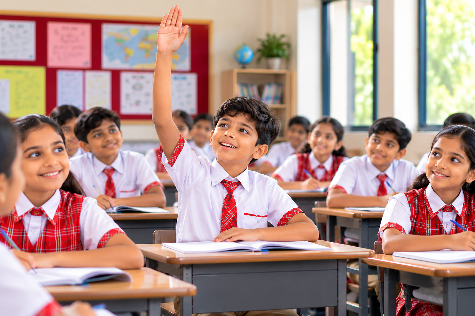 Student raising his hand in class